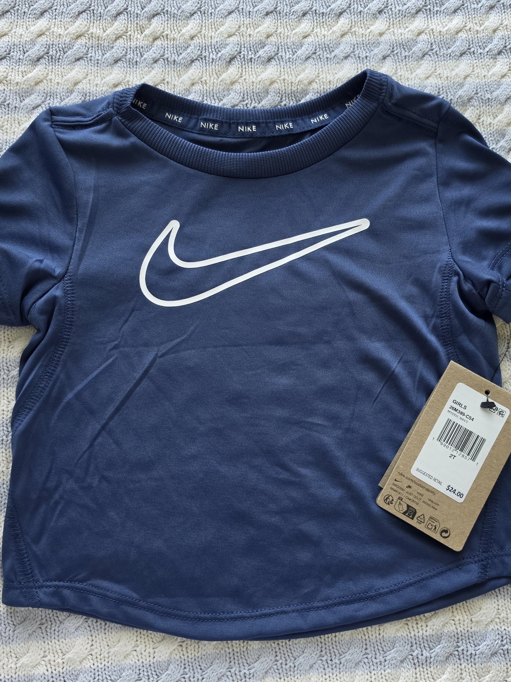Nike Navy Blue Short Sleeve Girls' Athletic Tee with White Swoosh